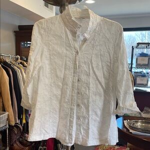 John Mark White Crinkled Button Front Blouse Top Size Large NWT Textured Linen